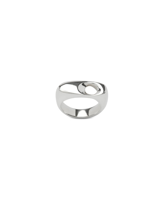 Sculptural sterling silver ring with a unique design on a white background