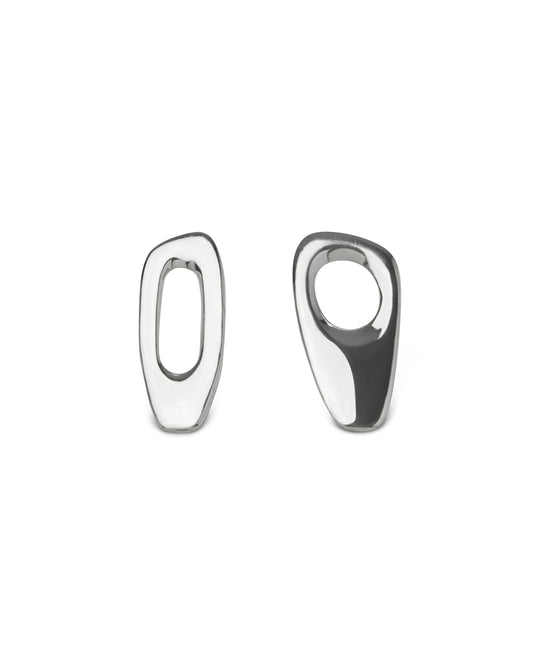 Pair of sculptural silver earrings on a white background