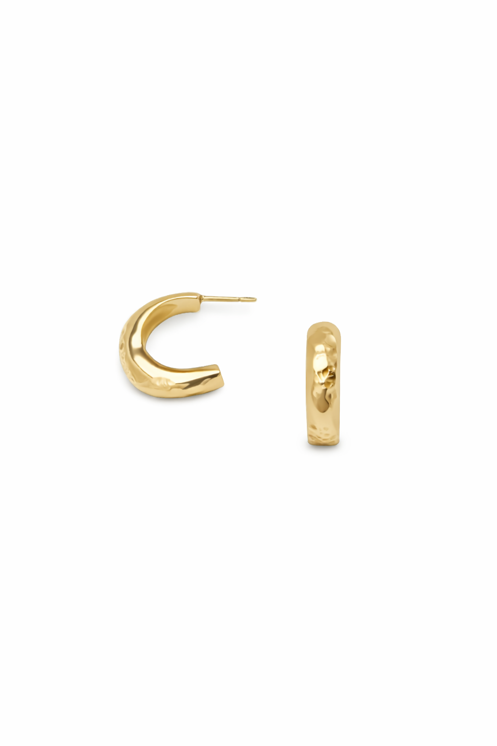 Sculptural textured 9 carat yellow gold hoop earrings on a white background
