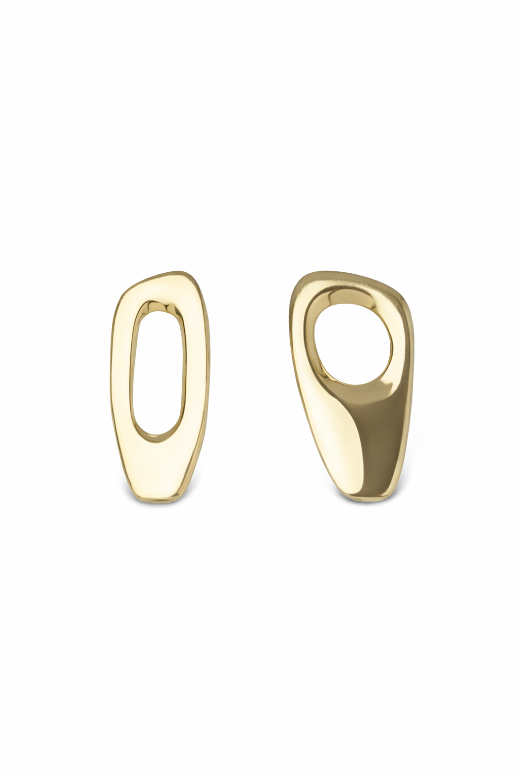 Pair of sculptural gold earrings on a white background