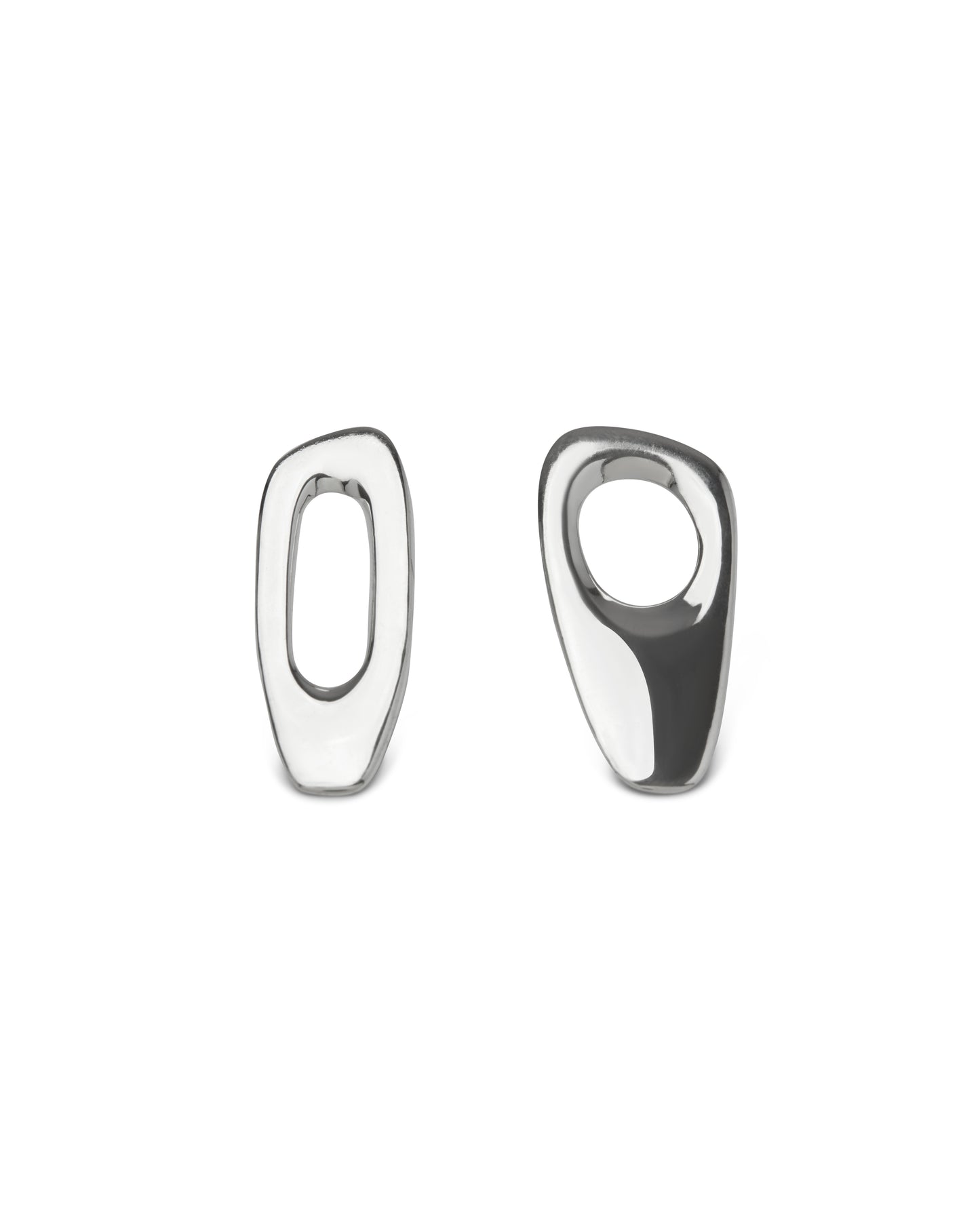 Pair of sculptural silver earrings on a white background
