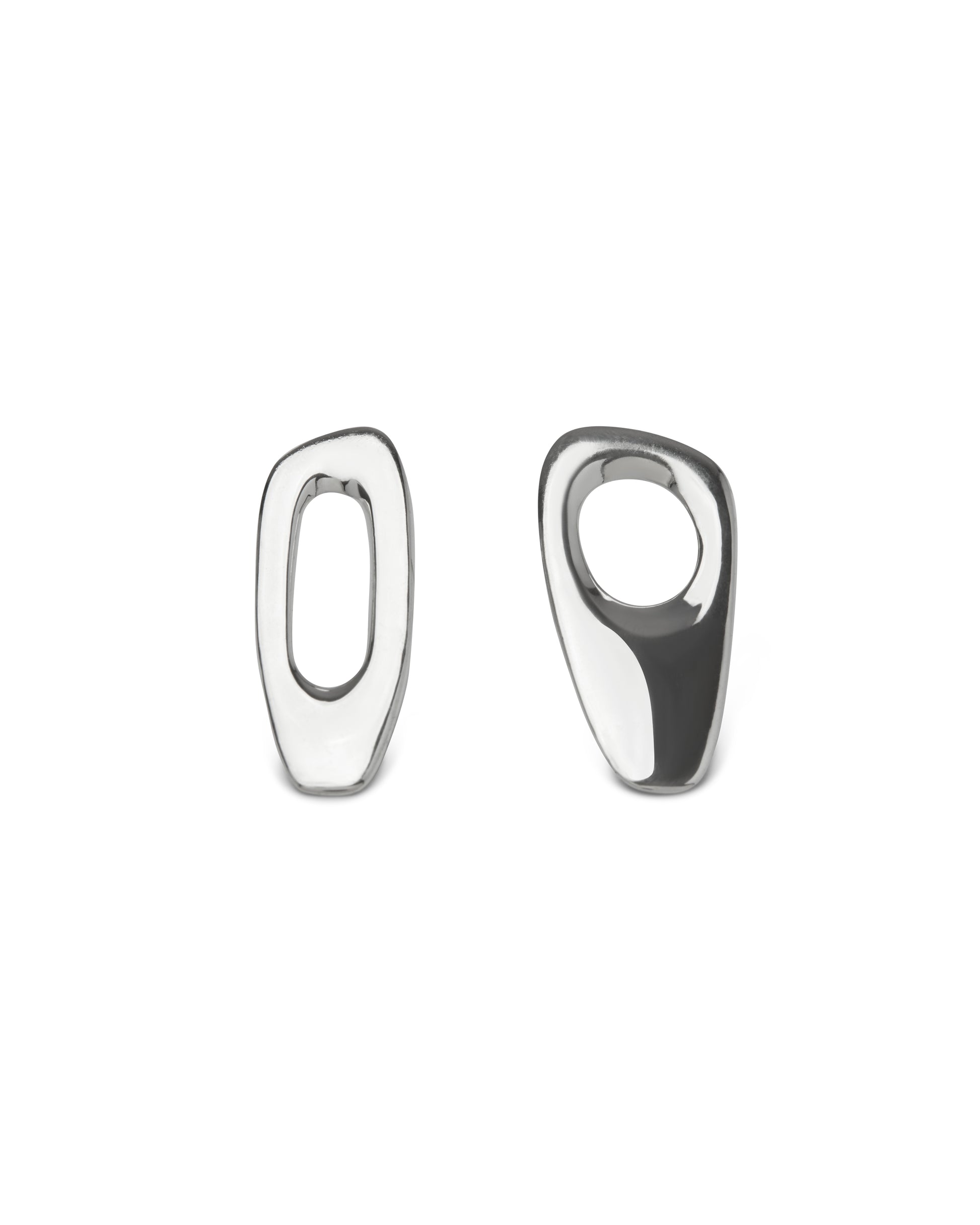 Pair of sculptural silver earrings on a white background