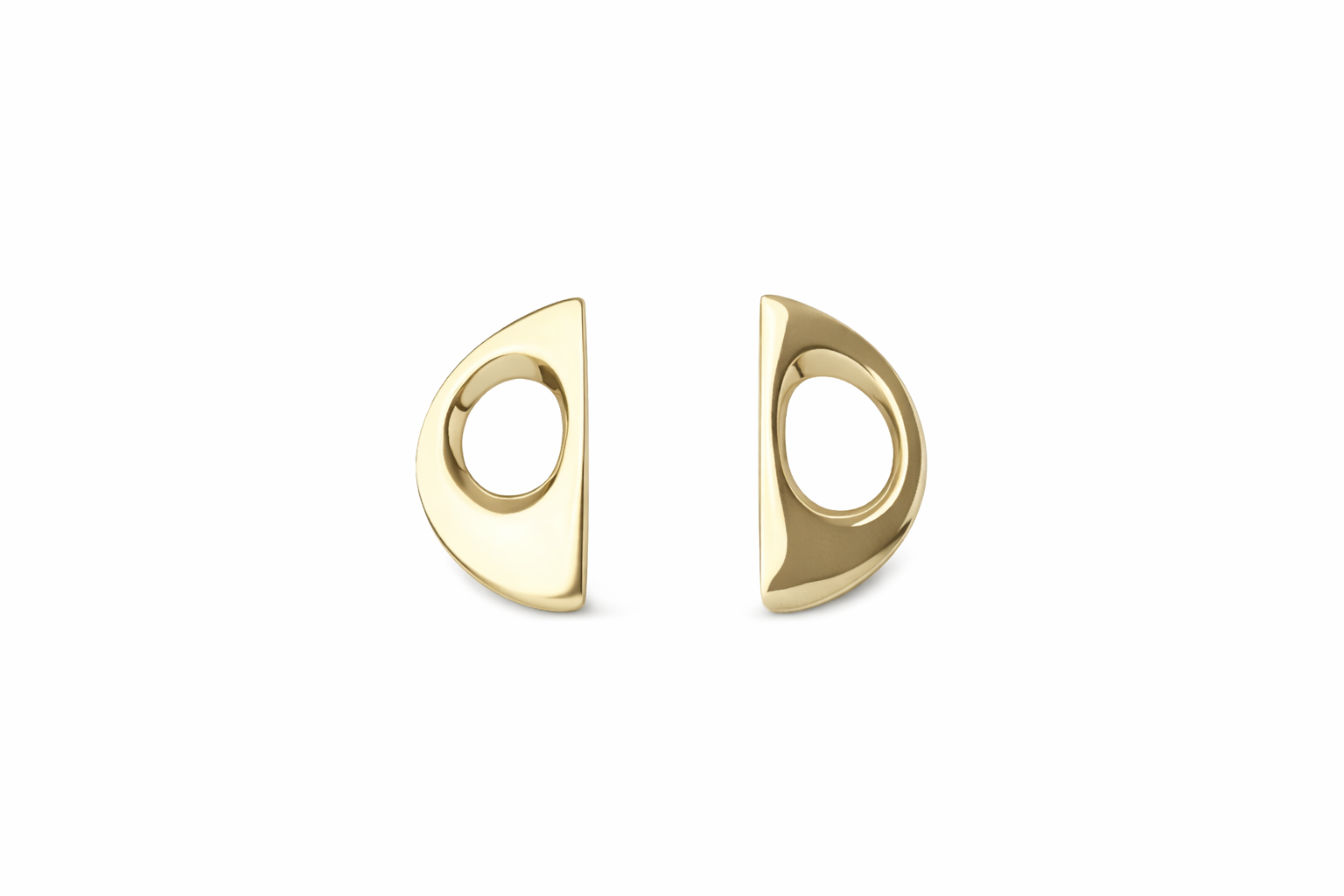 Pair of gold sculptural earrings on a white background