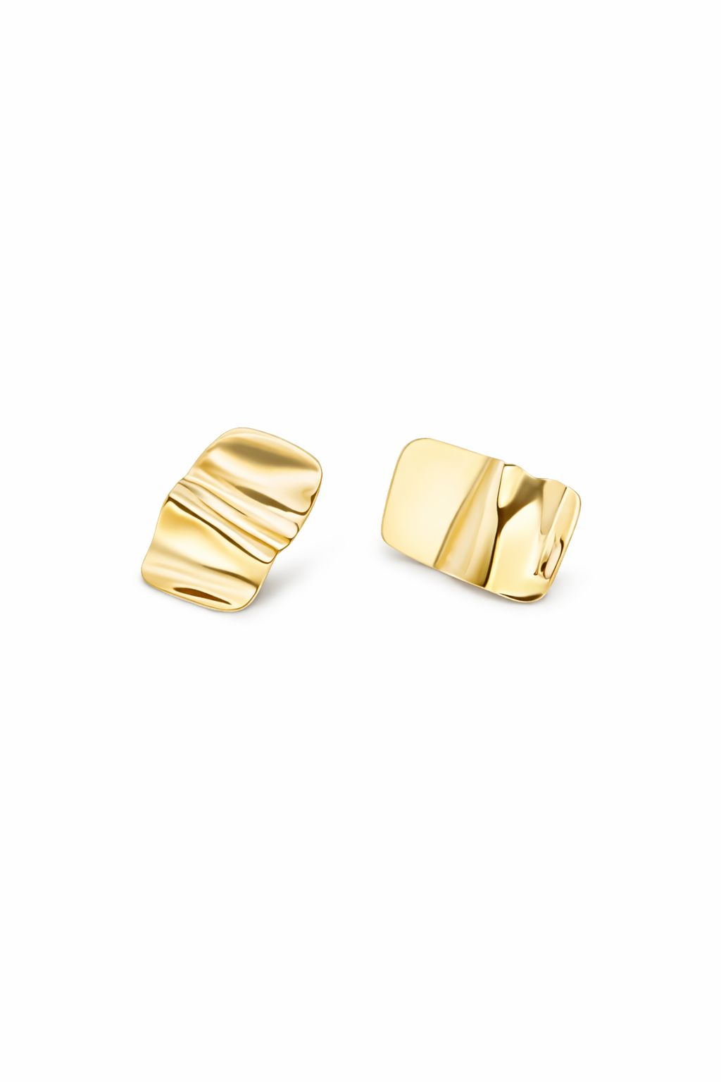 A pair of 9 carat yellow gold geometric stud earrings with a textured, wavy surface finish, displayed on a clean white background.