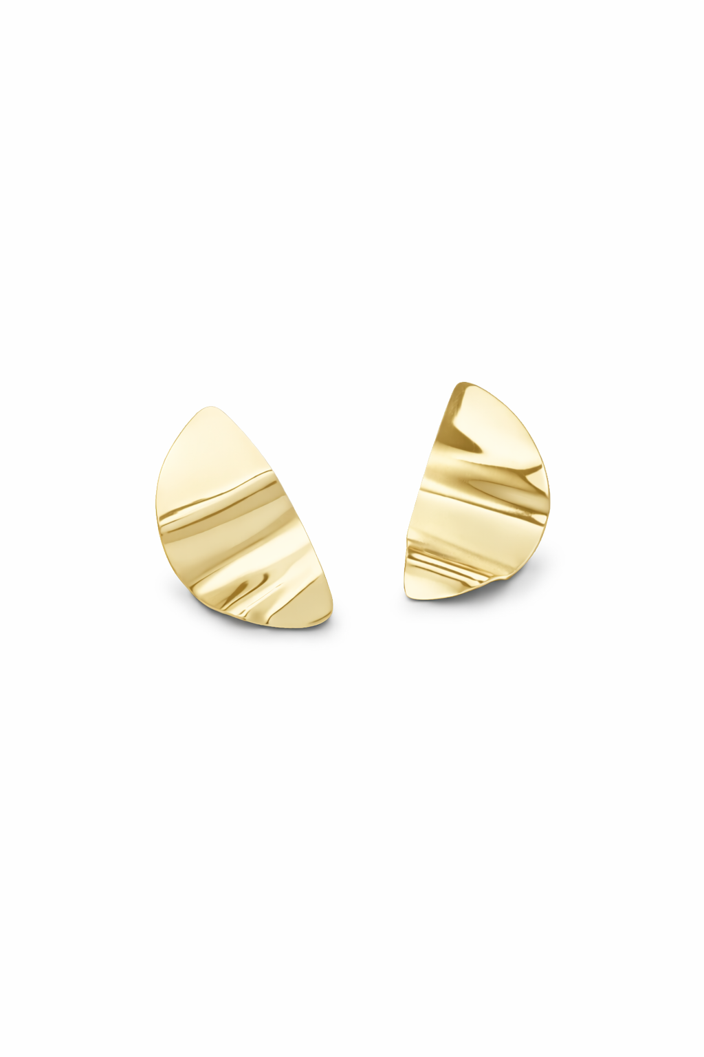 A pair of sculptural 9 carat yellow gold crescent-shaped stud earrings with a textured, wavy surface, displayed on a clean white background.