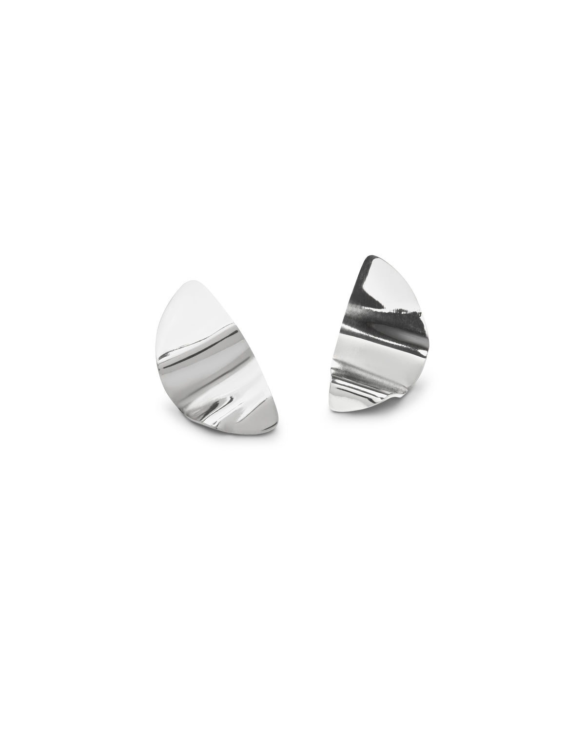 A pair of sculptural sterling silver crescent-shaped stud earrings with a textured, wavy surface, displayed on a clean white background.